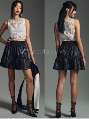 Anthropologie Somerset Black Faux Leather Mini Skirt Smocked Waist Small NWT